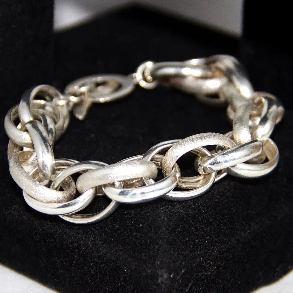 Heavy Italian Sterling Silver 925 Chunky Textured Link Toggle Bracelet